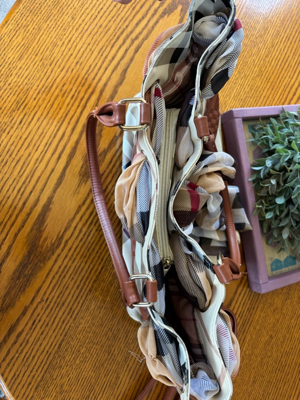 Burberry Logo Brown, Beige & Cream Check Tote with Scarf Accent - Picture 3 of 5
